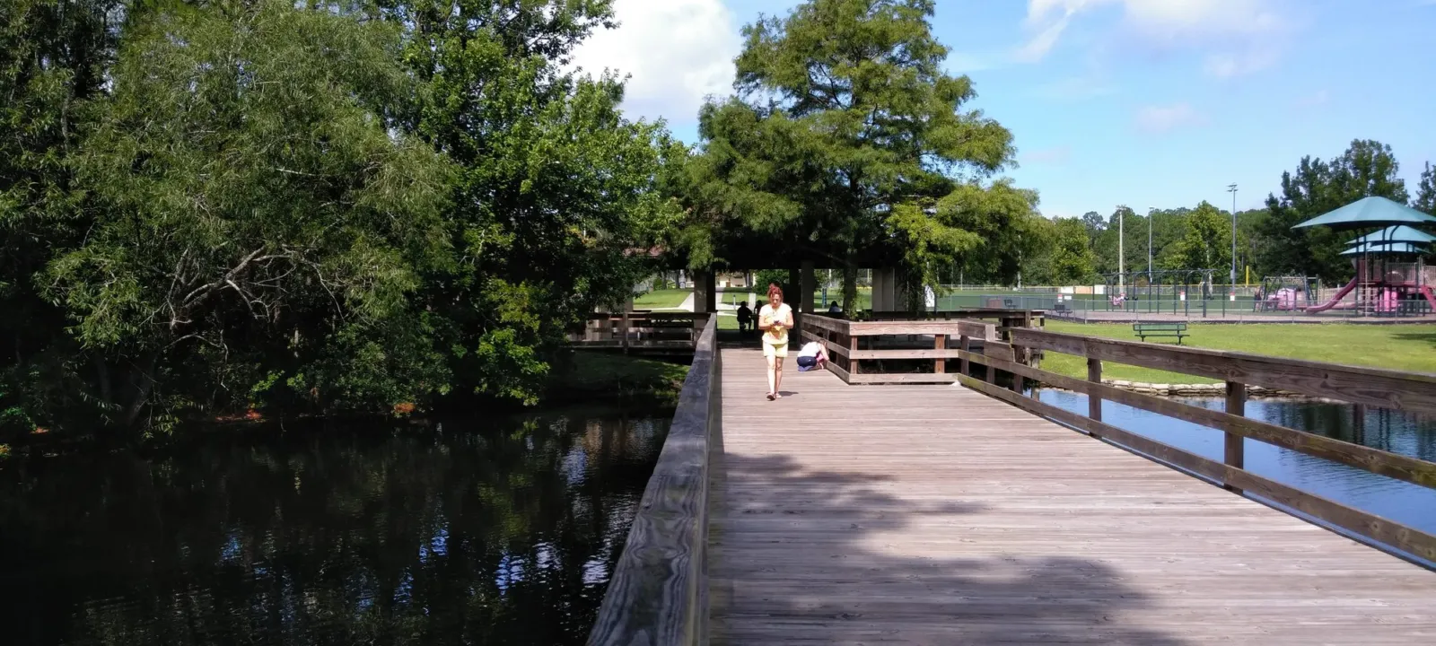 A boardwalk beside dark, tree-lined water