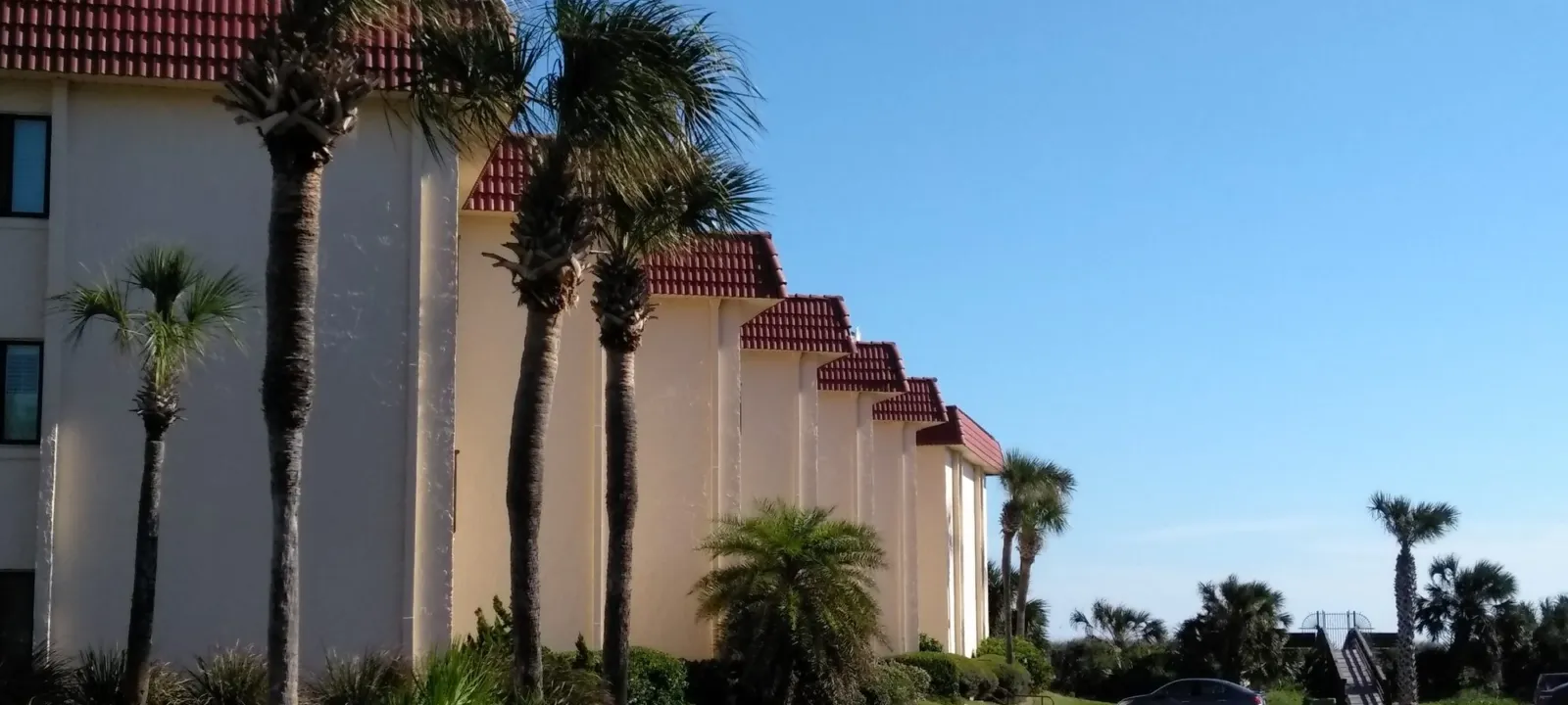 A low-rise resort building framed by palms