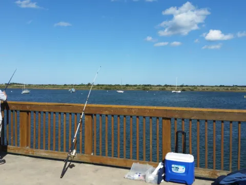 A man fishing from a pier railing with a cooler beside him