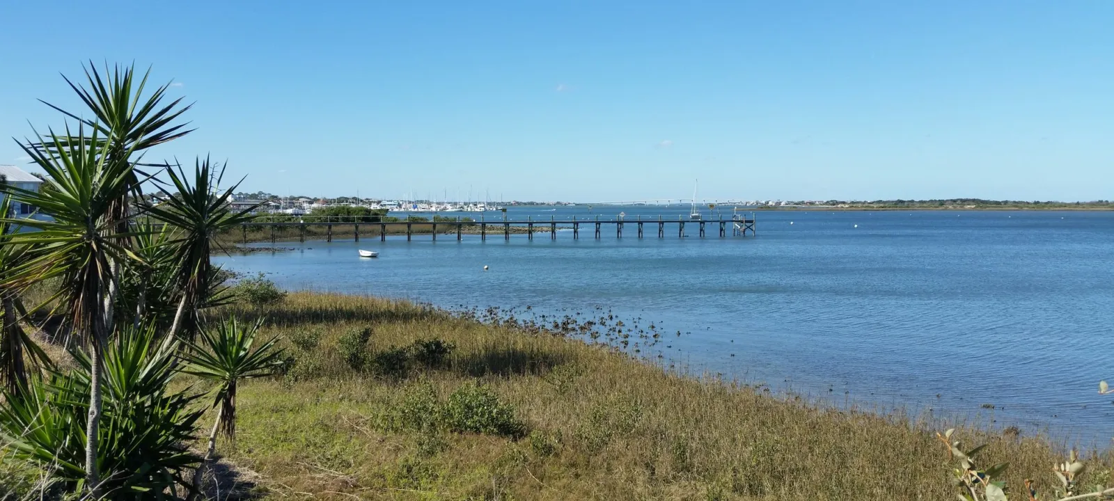 A marsh shoreline and bay with a pier in the distance