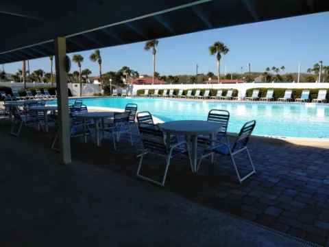 A resort pool deck with lounge chairs and palms