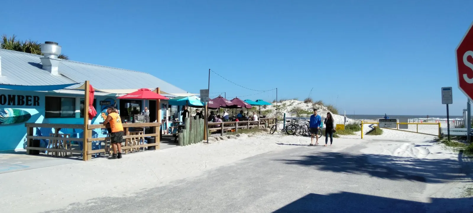 A row of colorful beachside shops