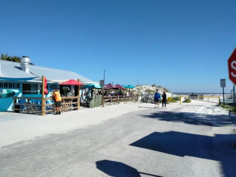 A row of colorful beachside shops