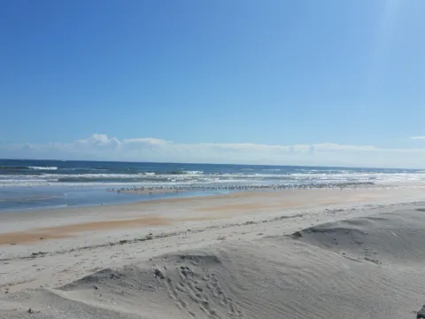 A wide beach meeting blue water