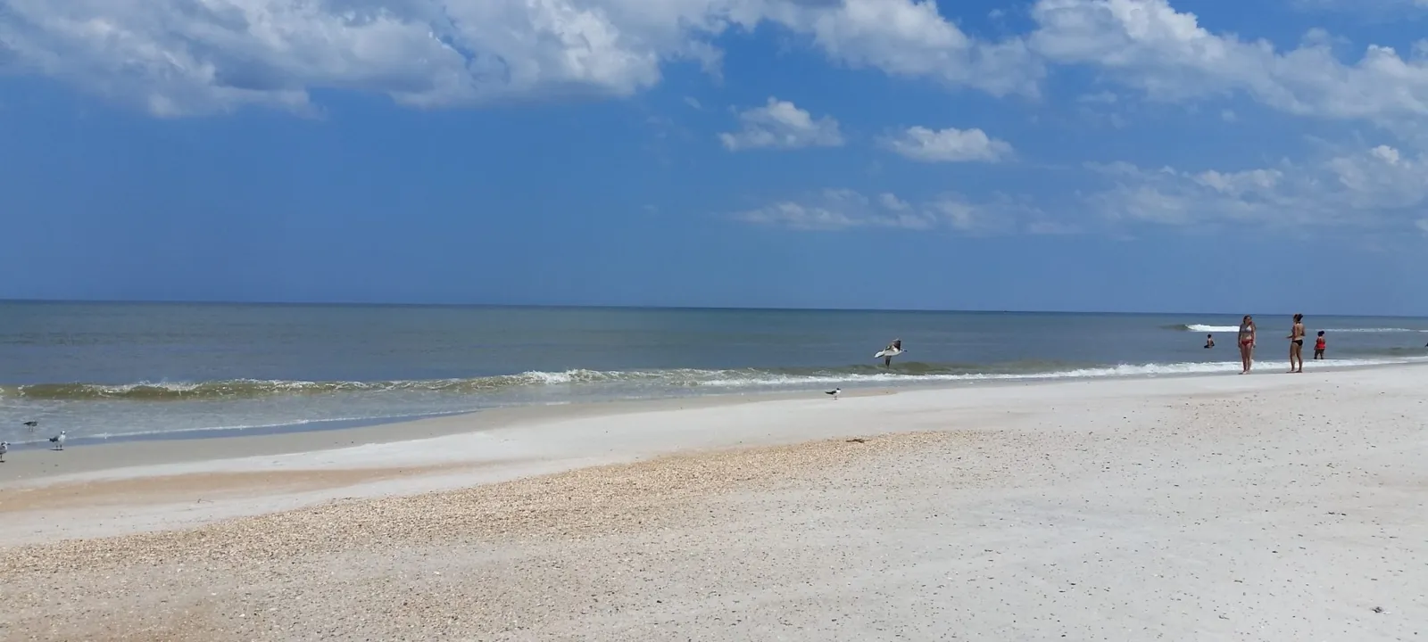 Beach sand and gentle surf beneath towering white clouds.