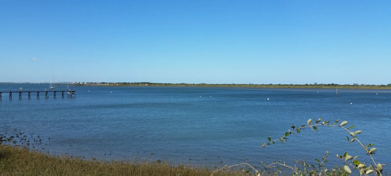 Calm bay water under a clear blue sky