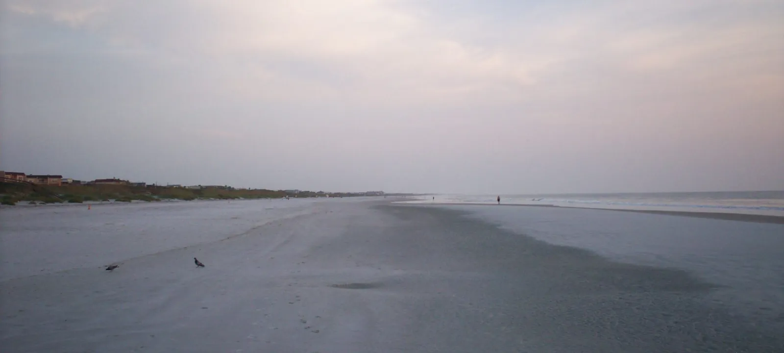 Calm water at the edge of a wide beach