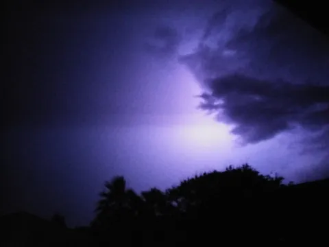 Lightning lighting up the night sky over trees.