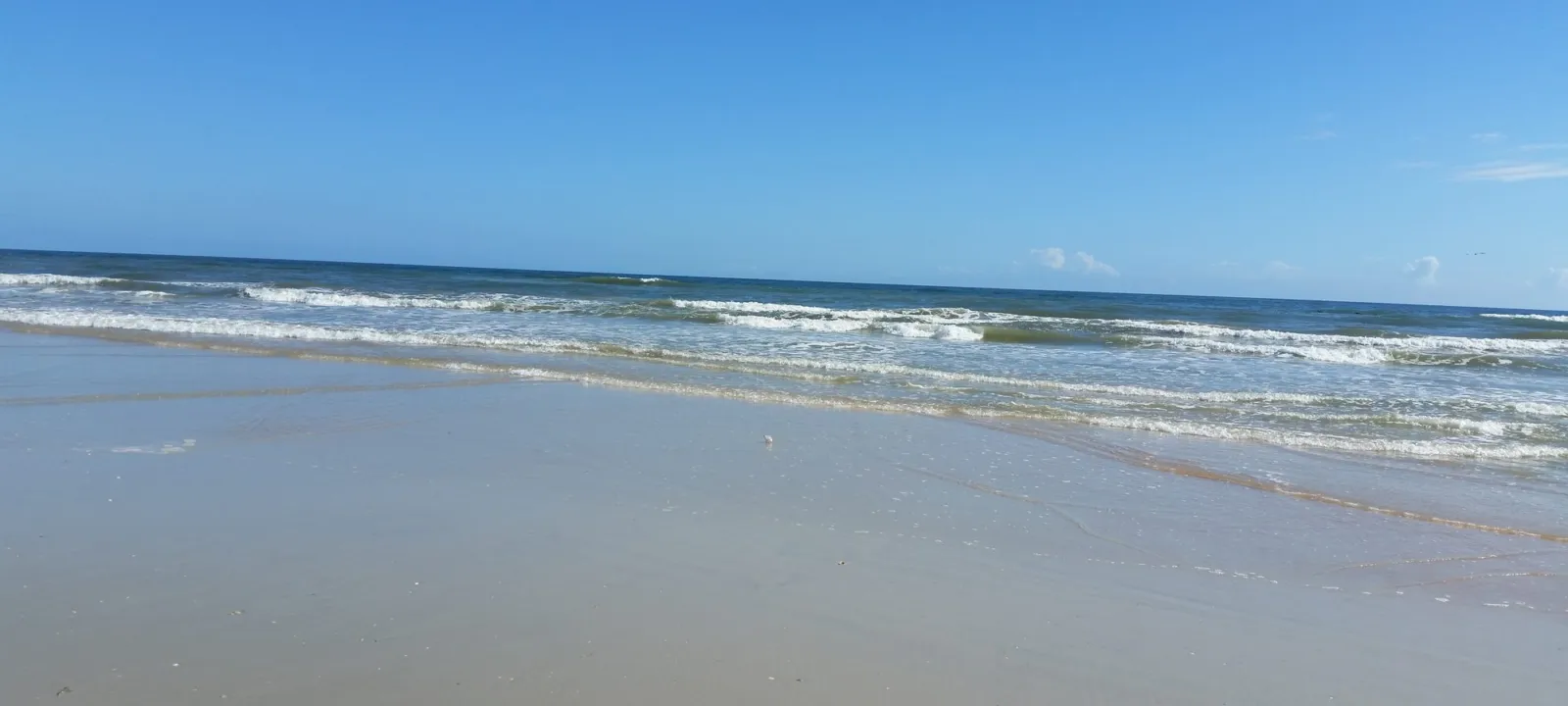 An open beach and blue water under a clear sky.