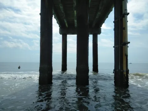 Pier pilings standing in the surf