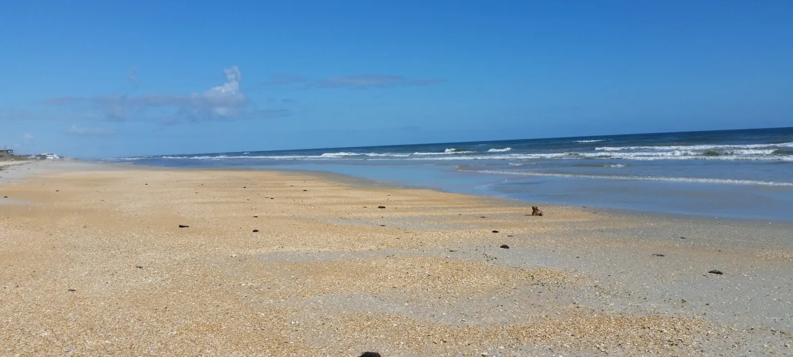 Soft waves rolling onto a beach on a sunny day.