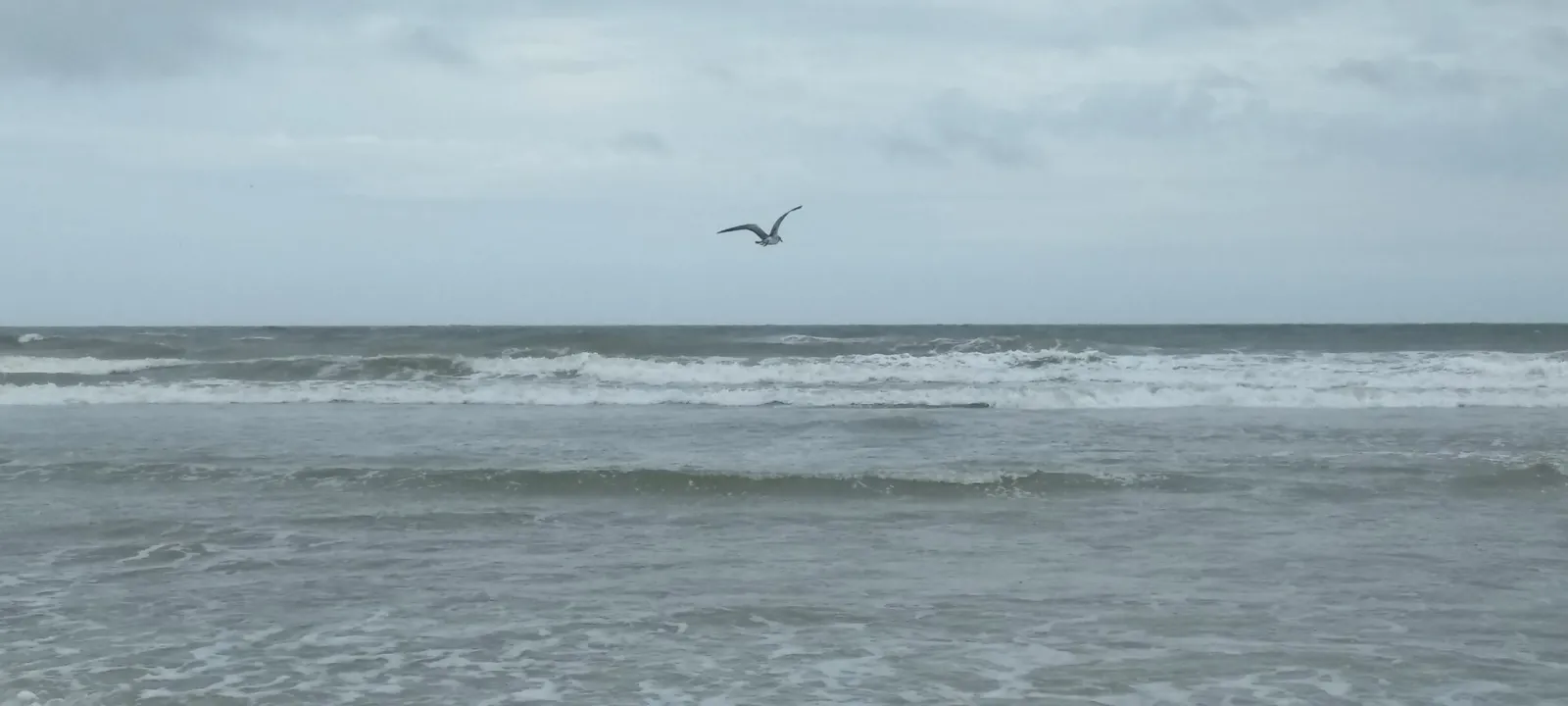Surf breaking on the beach on a grey day.