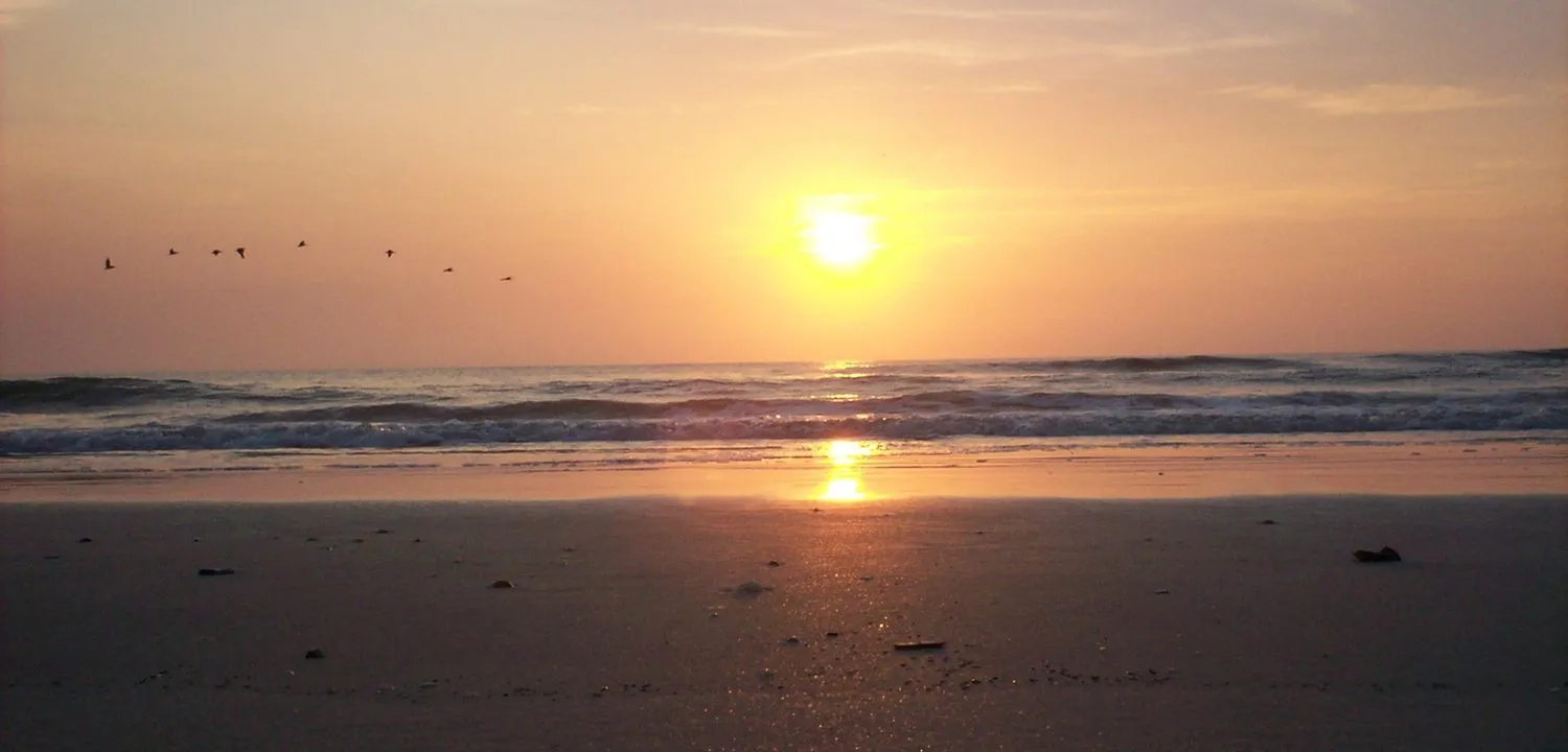 The sun rising over the water from a quiet beach